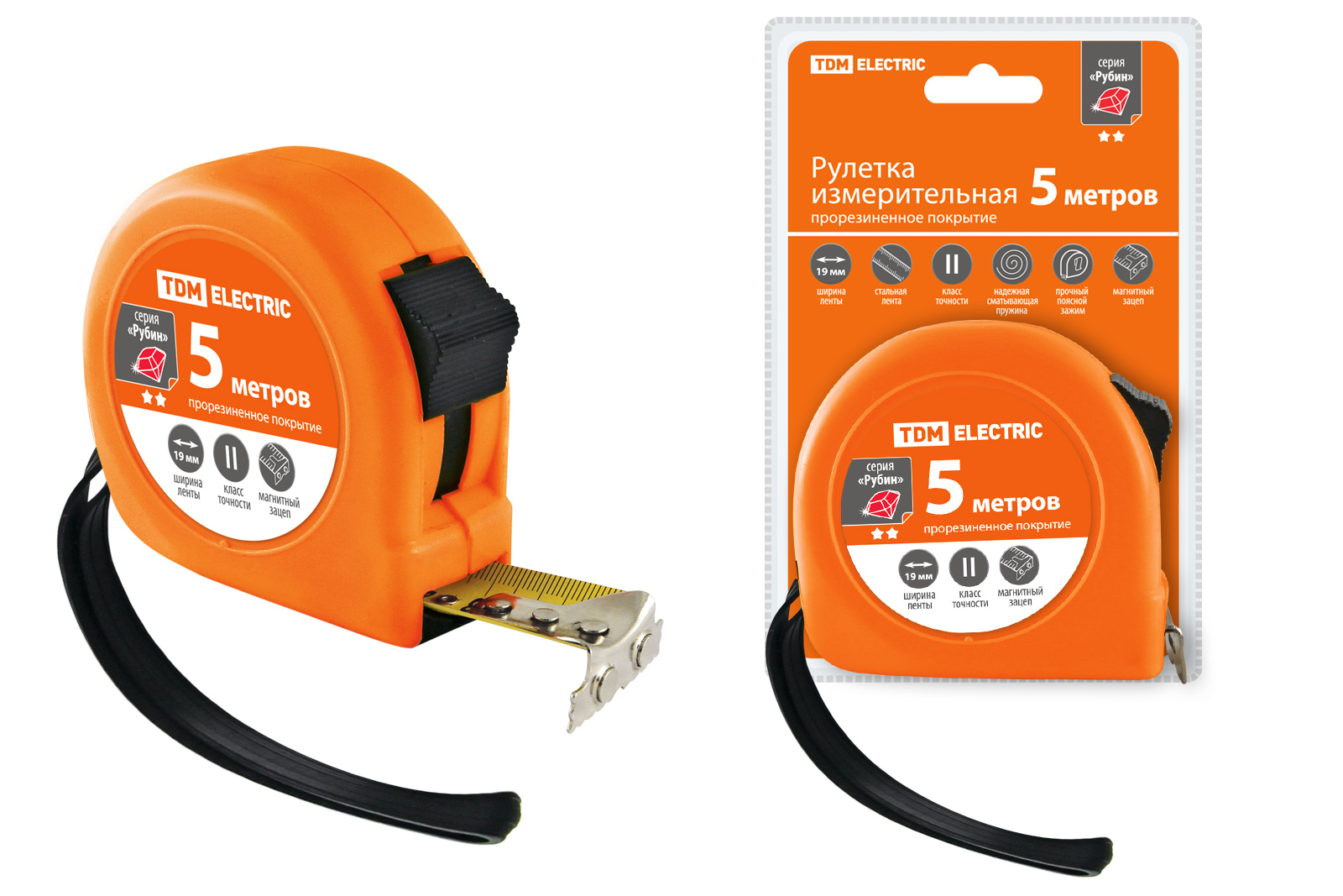 Рулетка, длина 5 м, стальная лента, ширина 19 мм, прорезиненное покрытие, магнит, "Рубин" TDM