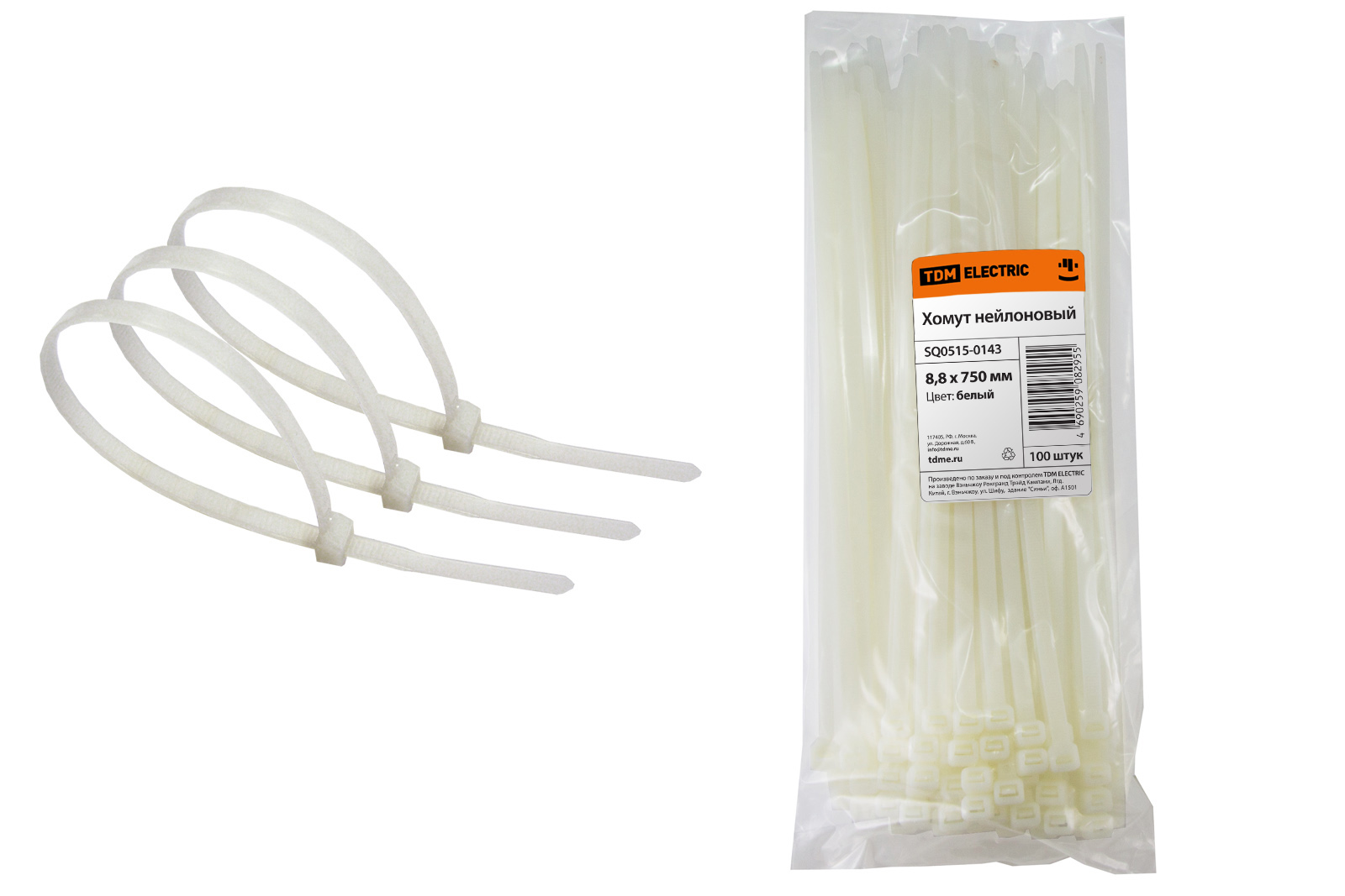 Хомут кабельный  8,8*750 нейлон белый (100шт) TDM