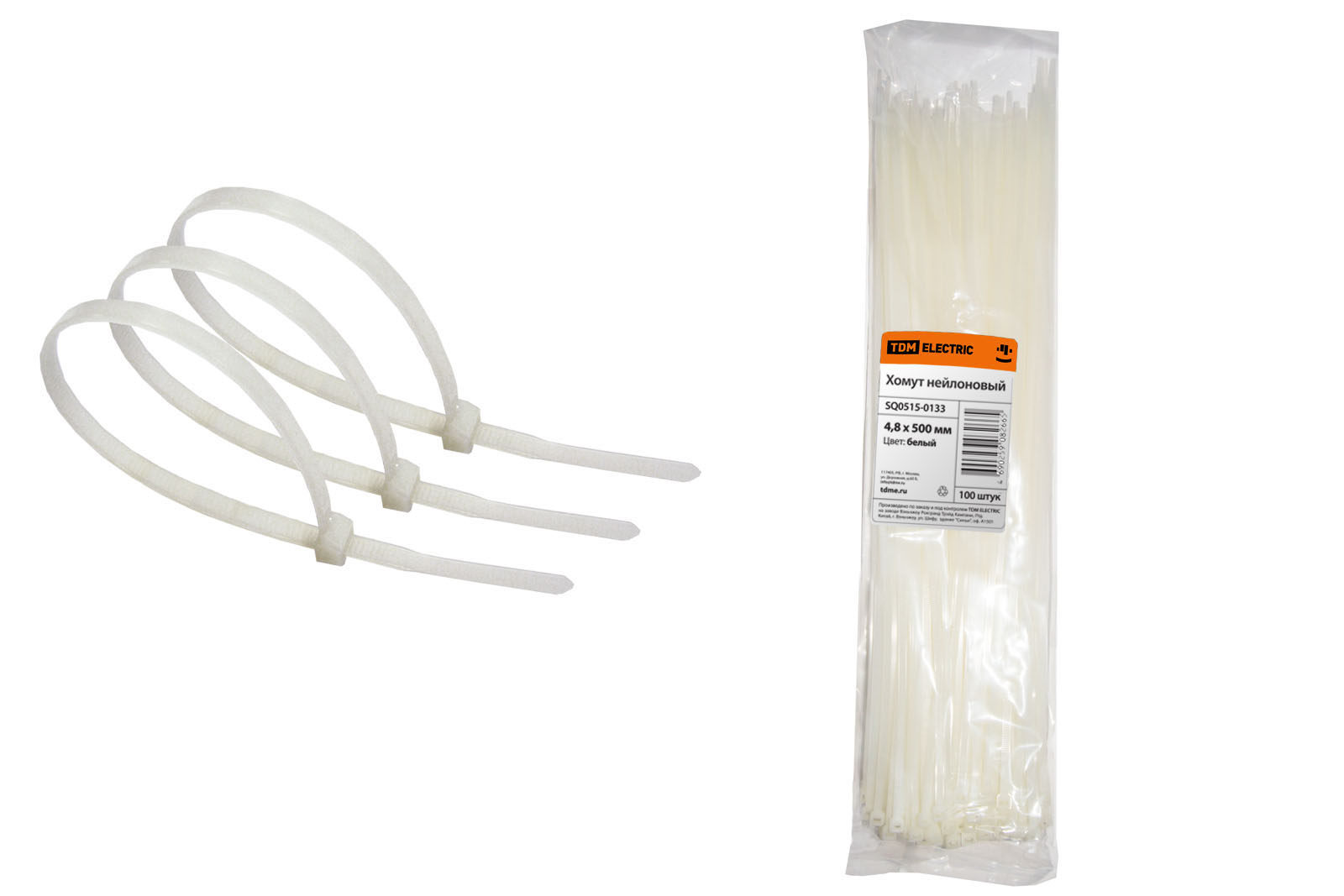 Хомут кабельный  4.8*500 нейлон белый (100шт) TDM