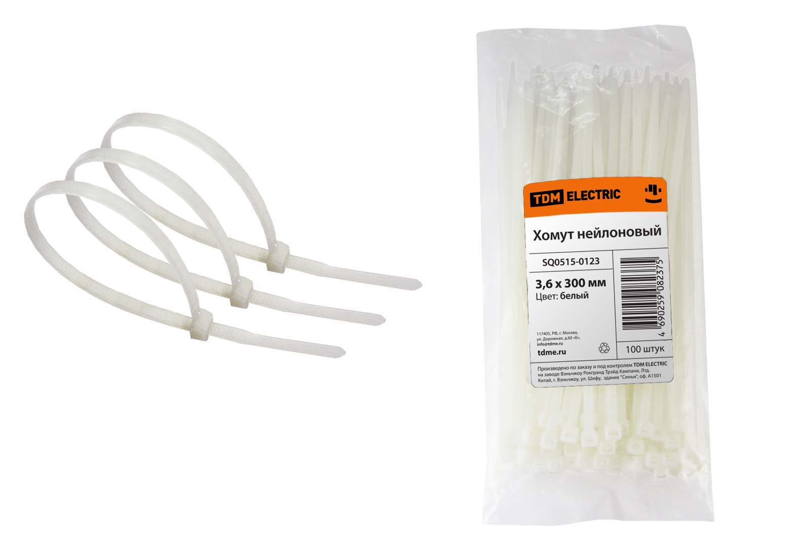Хомут кабельный  3.6*300 нейлон белый (100шт) ТDM