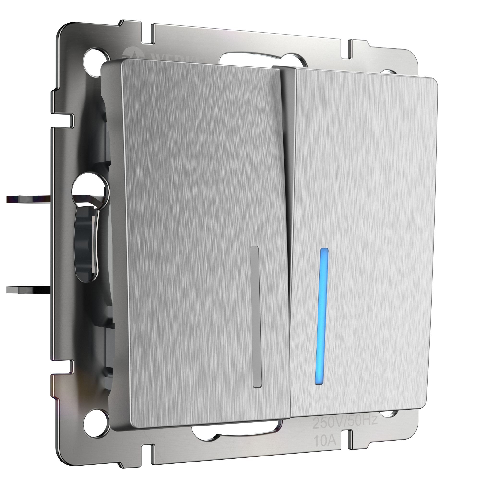 W1120109/Выключатель двухклавишный с подсветкой (cеребряный рифленый)